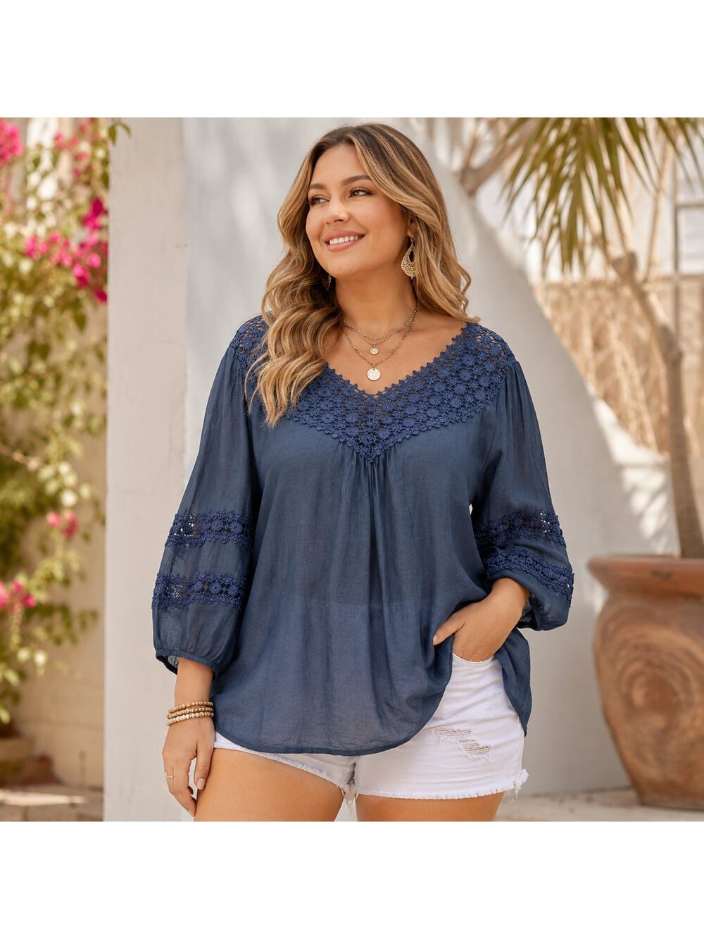 Mac Daugal & Houston Women’s Top – Size 1X – Blue Sheer Crochet Boho Blouse